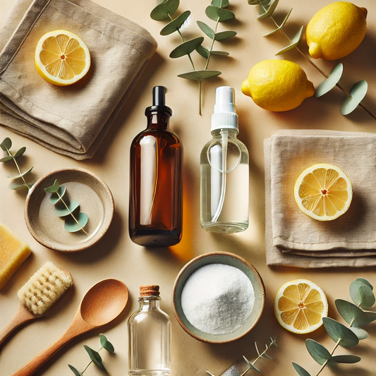 Flatlay of eco-friendly cleaning tools including amber spray bottles, lemon halves, baking soda, and eucalyptus on a neutral background