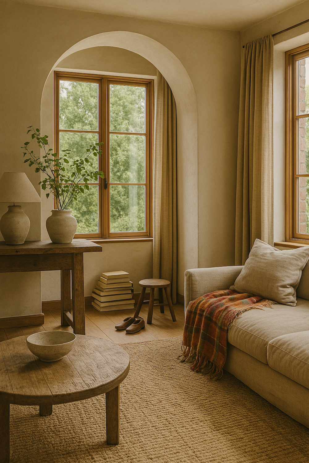 Warm minimalist living room with natural wood accents, linen sofa, and handmade ceramics from PUREKIND.