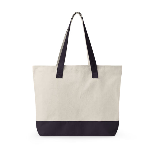 Beige tote bag with navy accents on a white background