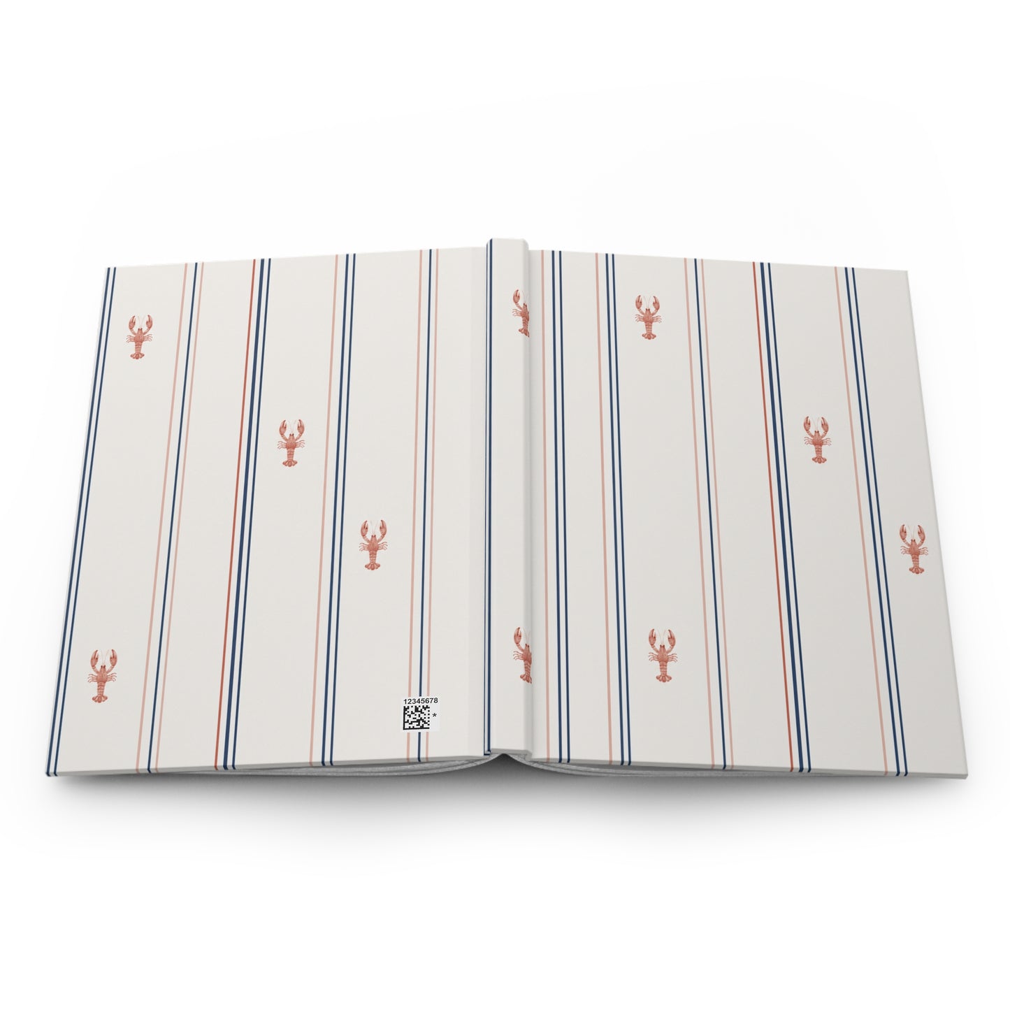 Open notebook with striped pattern and lobster design on a white background
