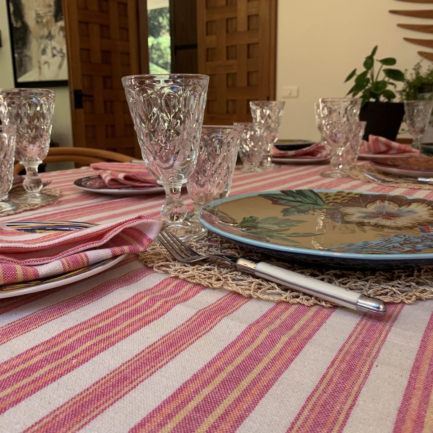 Andana Magenta Striped Tablecloth Set – Eco-Friendly Linen - Purekind Living