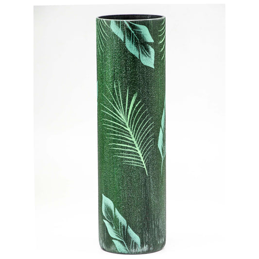 Hand-Painted Glass Vase – 16” Cylinder with Tropical Leaves Design - Purekind Living