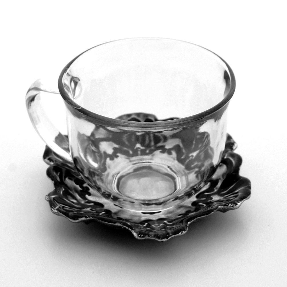 Jumbo Hand-Gilded Cup & Saucer Set – Black & Silver Glass (Set of 2) - Purekind Living