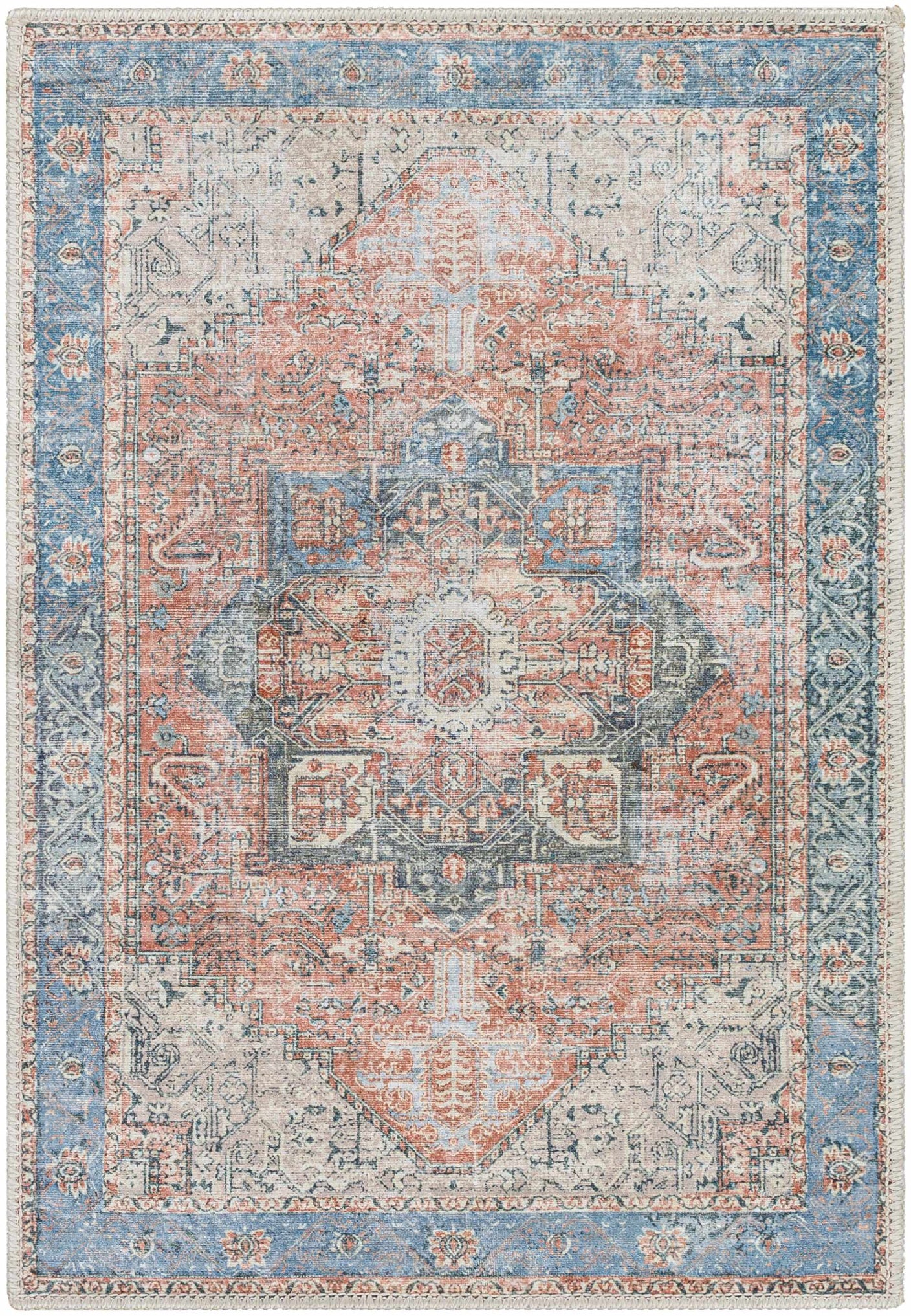 Decorative rug with a geometric pattern in blue, pink, and beige colors.