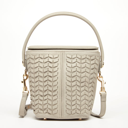 Grayish Beige Woven Leather Crossbody Bucket Bag