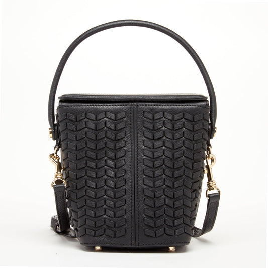 Black Woven Leather Crossbody Bucket Bag