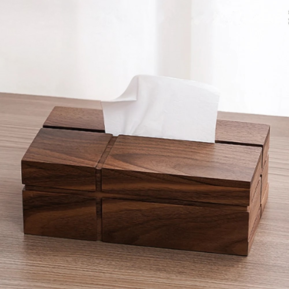 Minimalist wooden tissue box with clean, angular design and natural finish