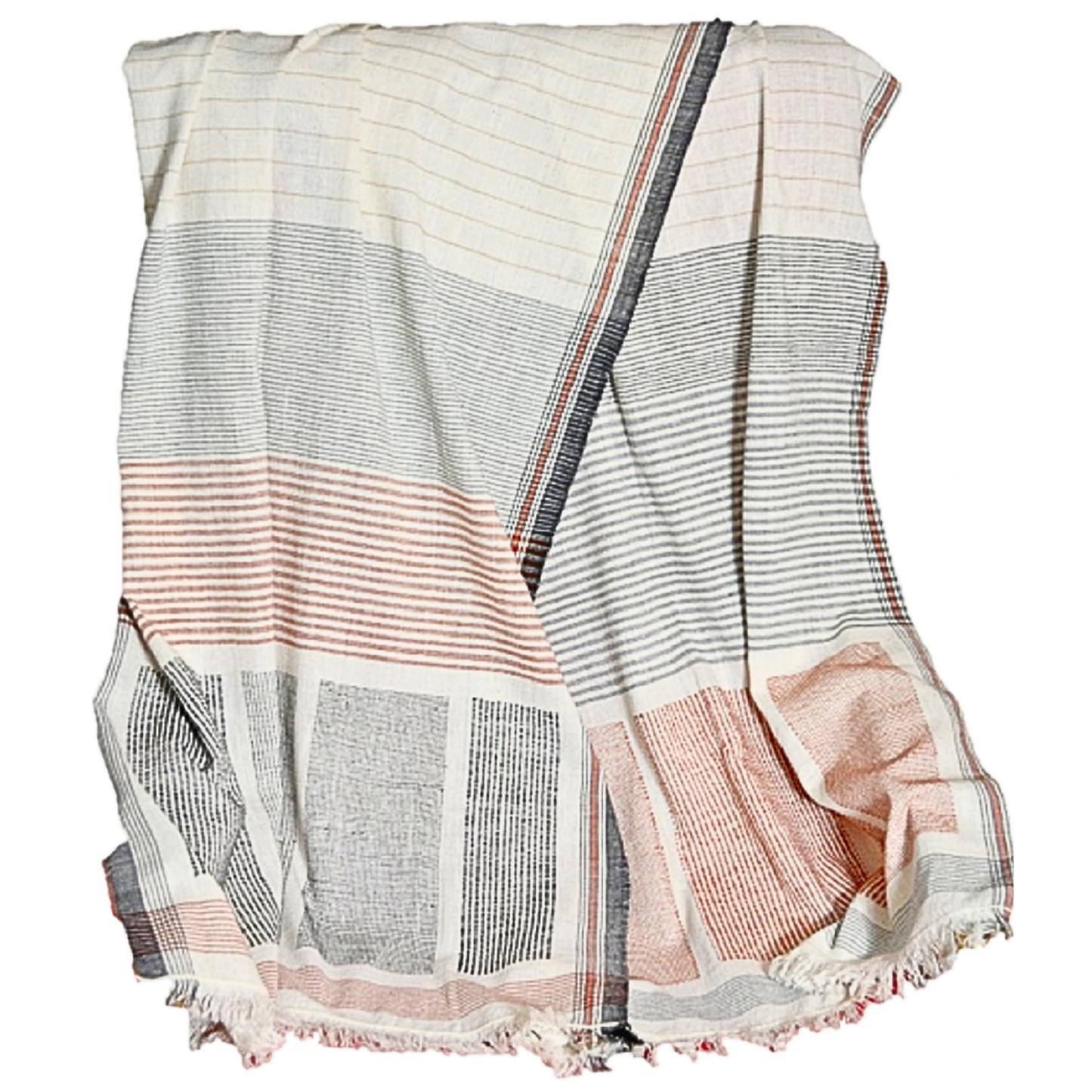 A lightweight boho cotton throw blanket with a soft texture and delicate fringed edges.