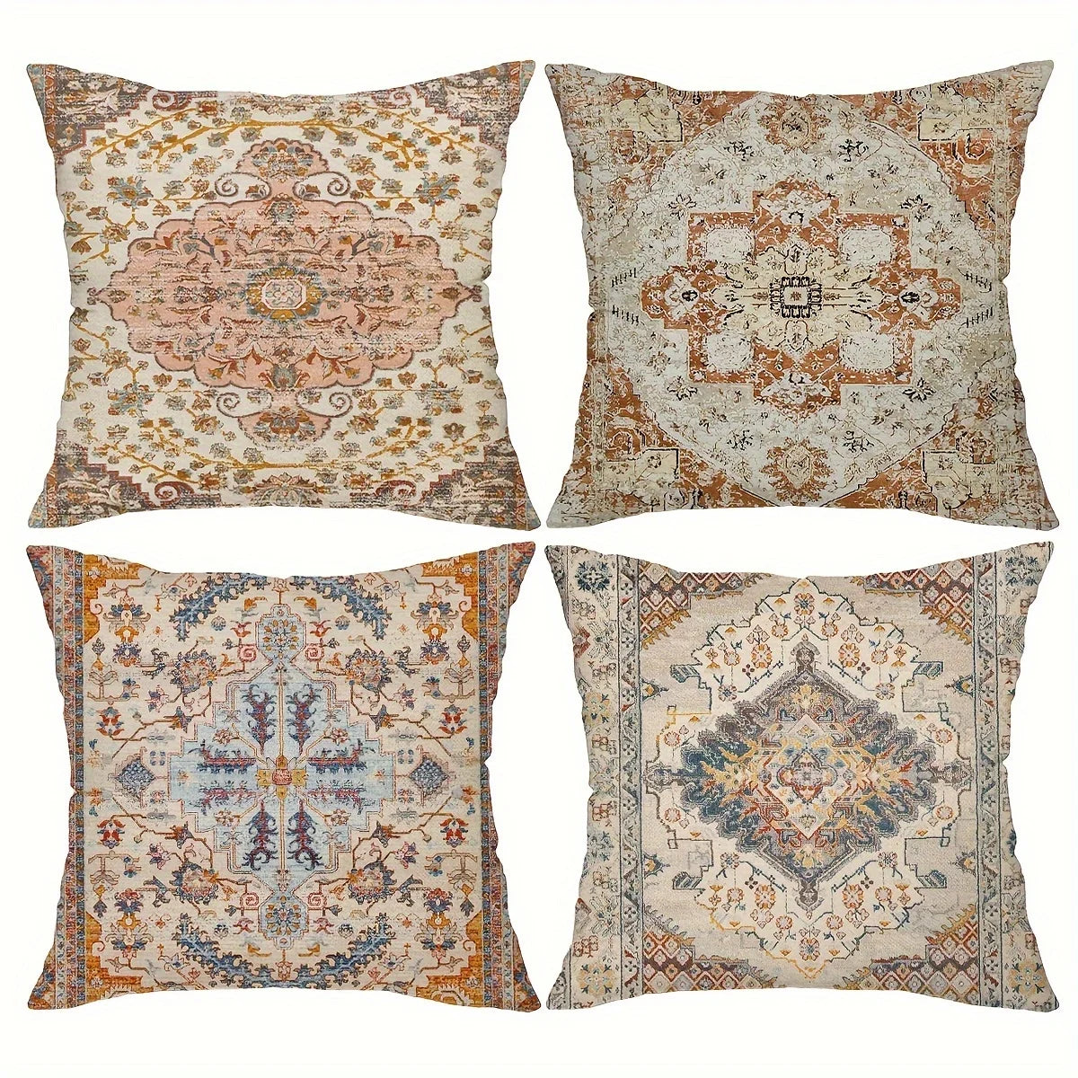Set of four 18x18 boho-style pillow covers laid flat, showcasing vintage patterns