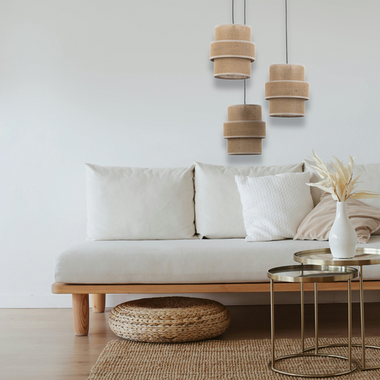 Adjustable hanging jute lamp styled in a modern living space