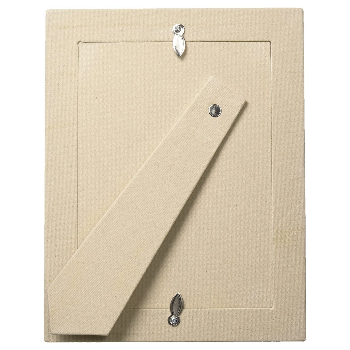 Back of beige photo frame with fabric covering and built-in stand