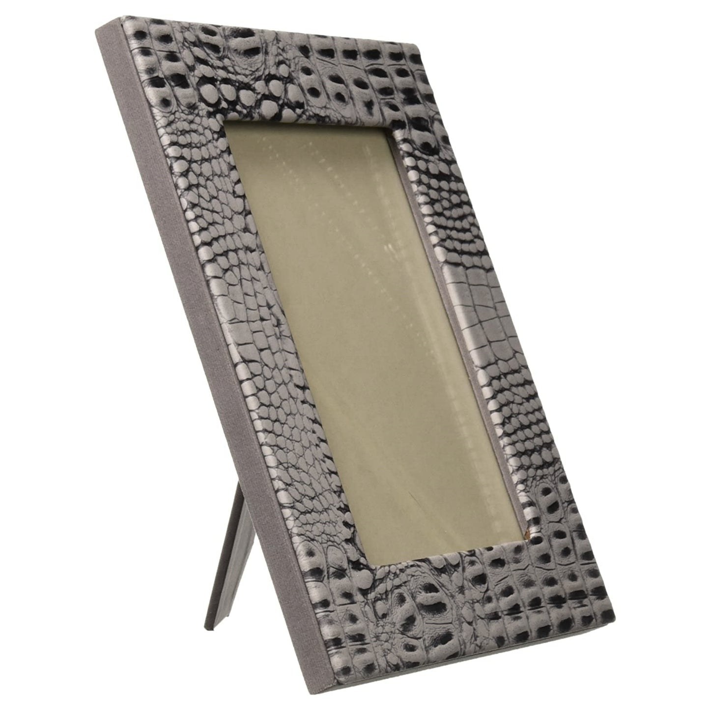 Angled view of grey photo frame with croc texture and standing arm