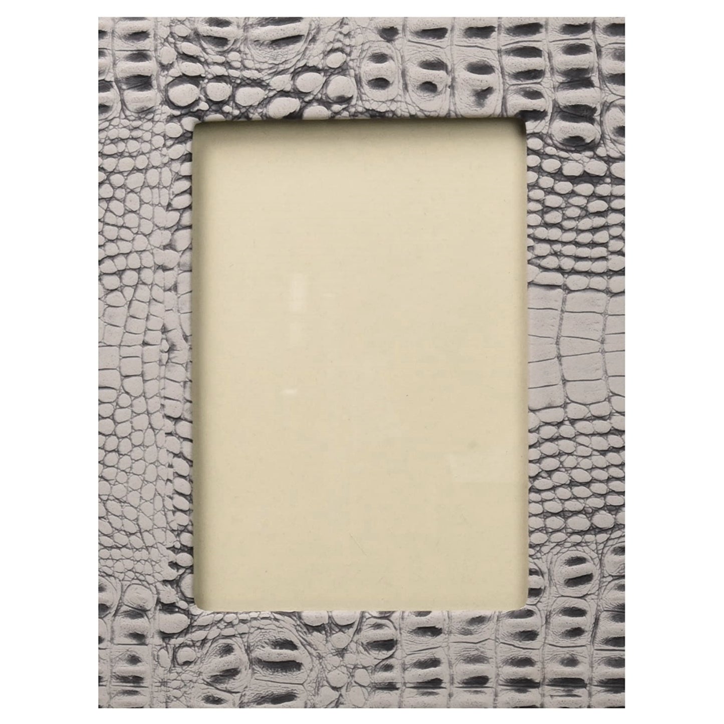 Front view of grey faux crocodile frame with glass insert in vertical position