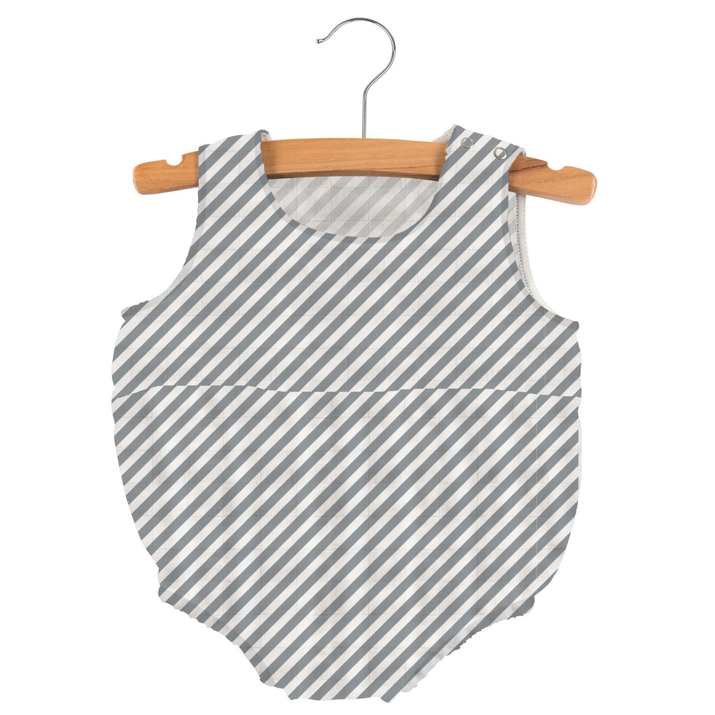 Finley Stripe bamboo baby bubble one-piece in grey and white with snaps, hanging on wooden hanger