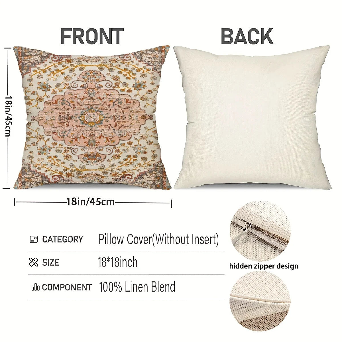 Pillow cover with front and back design, measurements, and material details on a white background.