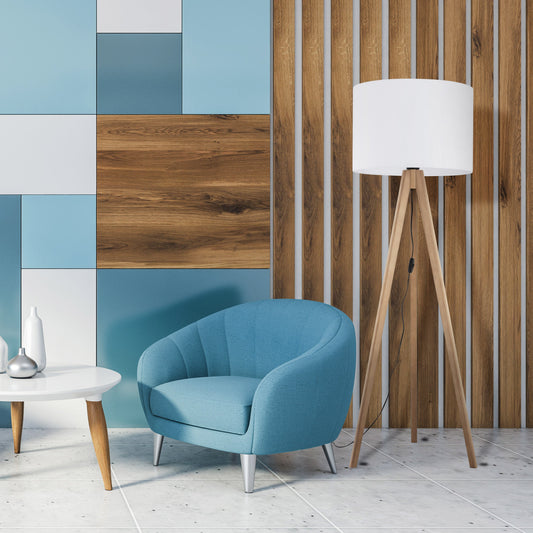 GRAND Pine tripod floor lamp in modern color-blocked interior