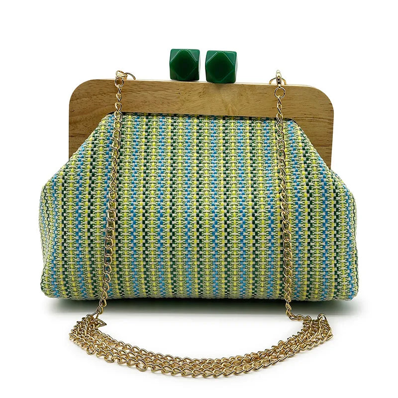 Green striped woven clutch with wooden frame, green clasp, and gold chain