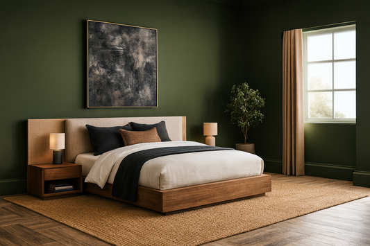 Handwoven natural jute area rug styled in a modern bedroom with dark green walls, wood furniture, and layered bedding