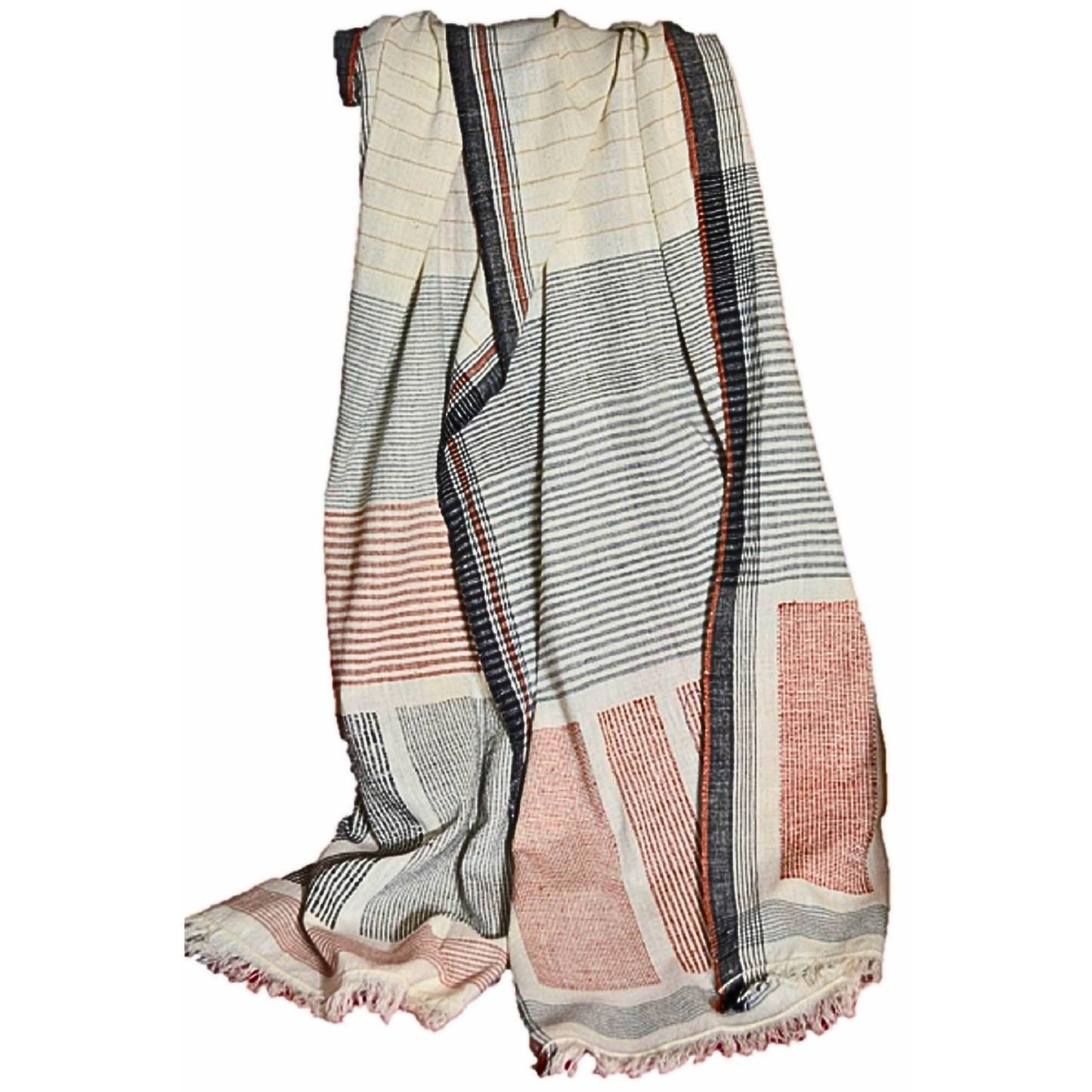 Close-up of a handwoven cotton throw blanket with intricate striped patterns in neutral tones.