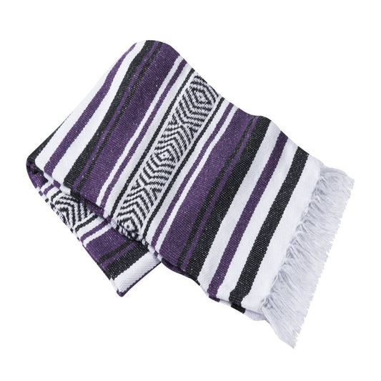 Handwoven Mexican yoga blanket with striped design in purple and white.