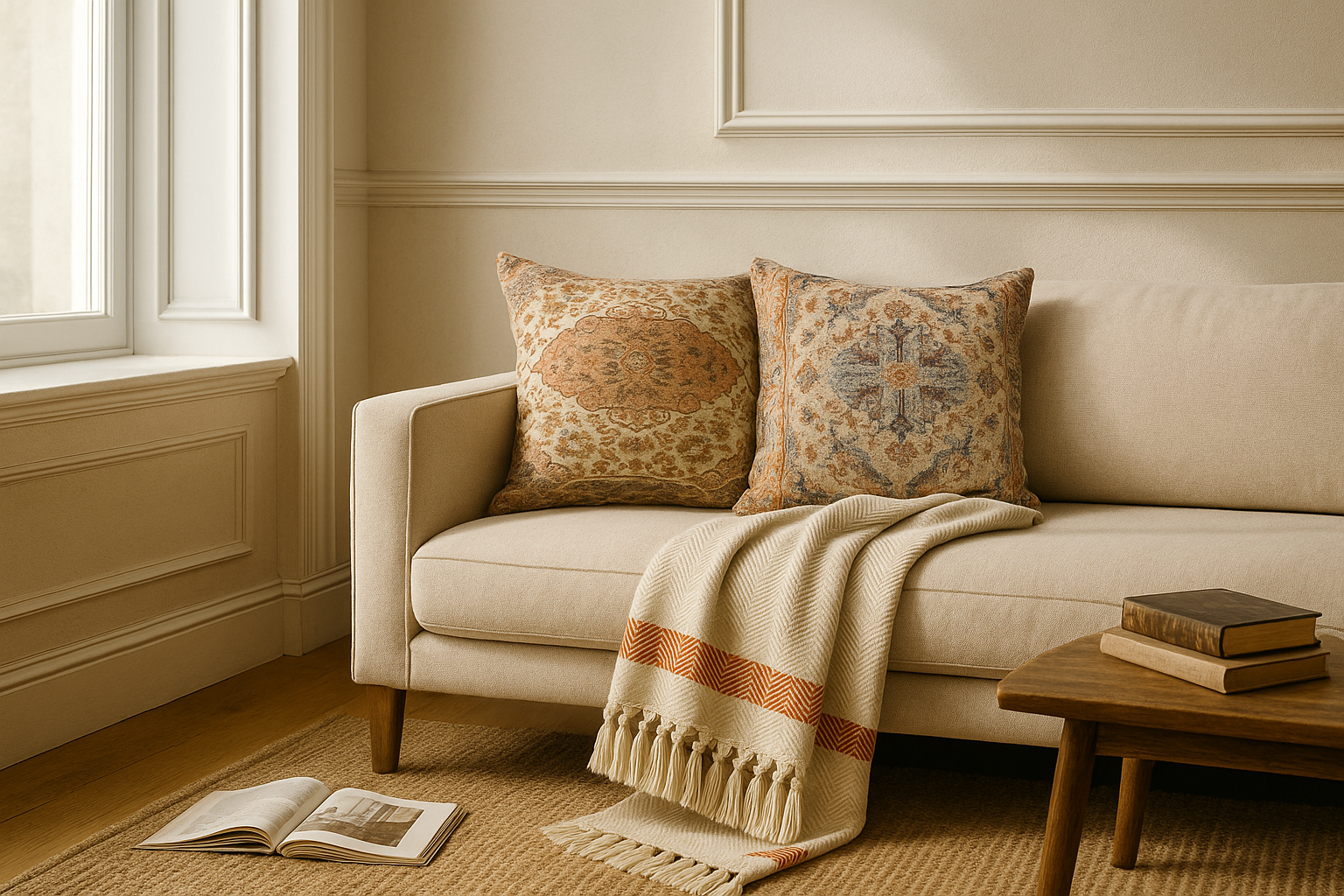 Beige sofa with patterned pillows and a blanket in a cozy living room setting.