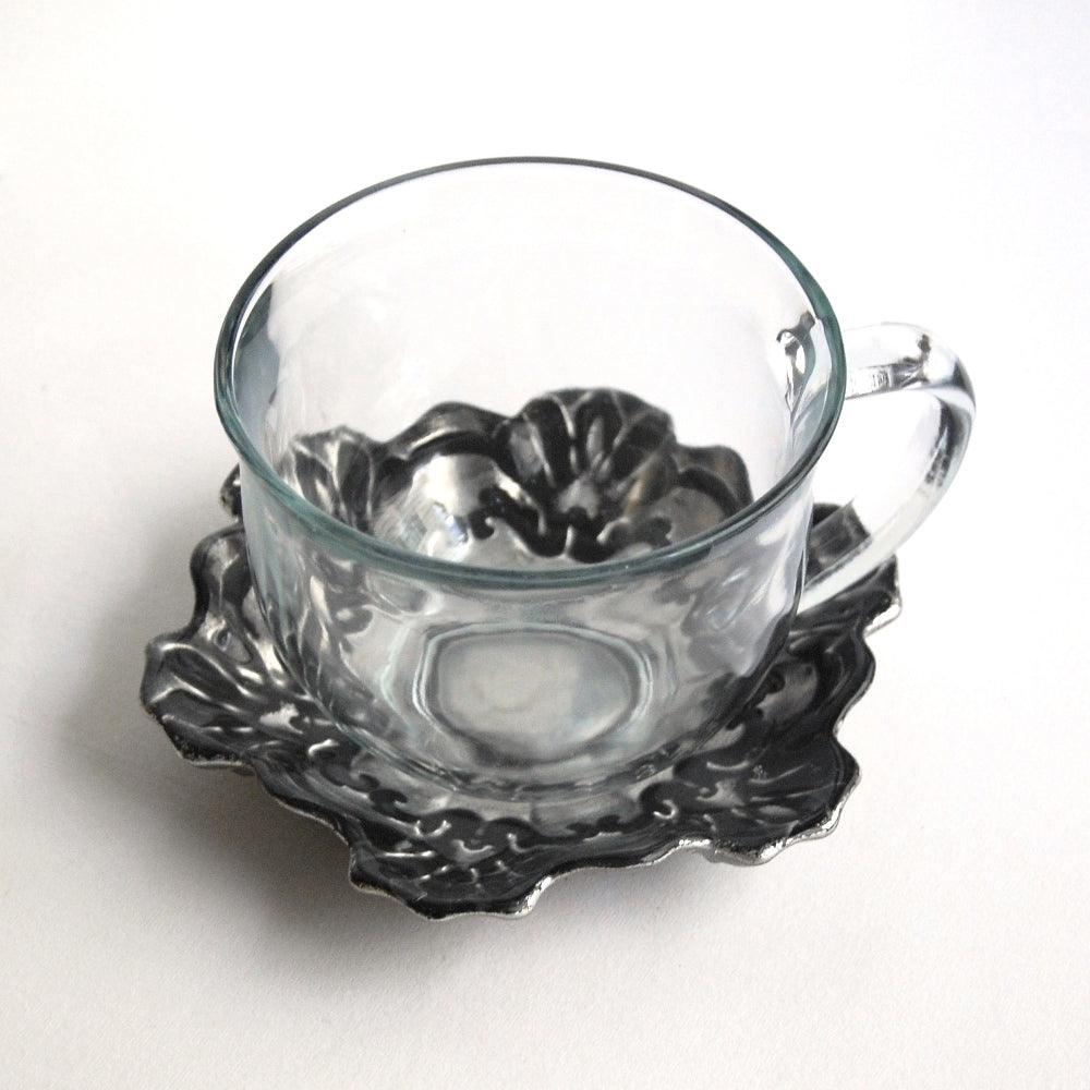 Jumbo Hand-Gilded Cup & Saucer Set – Black & Silver Glass (Set of 2) - Purekind Living
