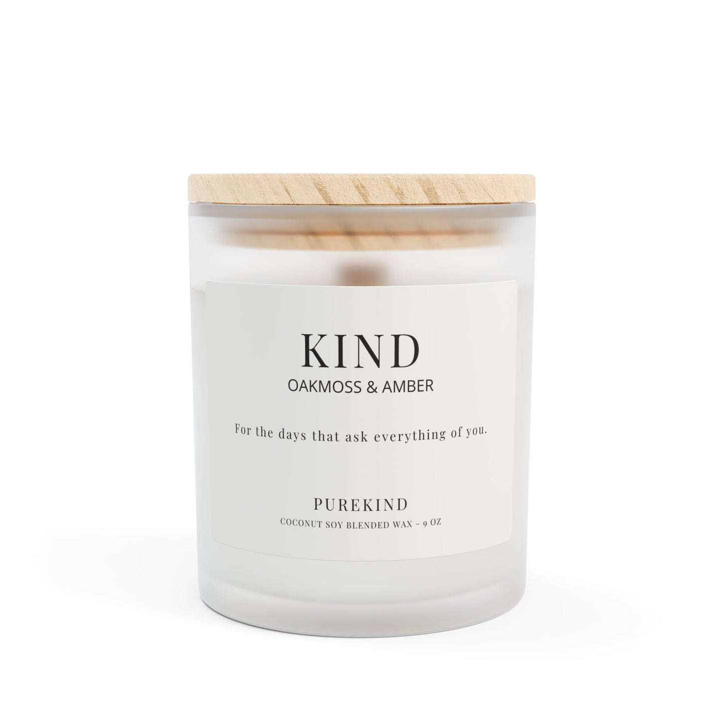 KIND oakmoss and amber candle in frosted glass jar with wood lid
