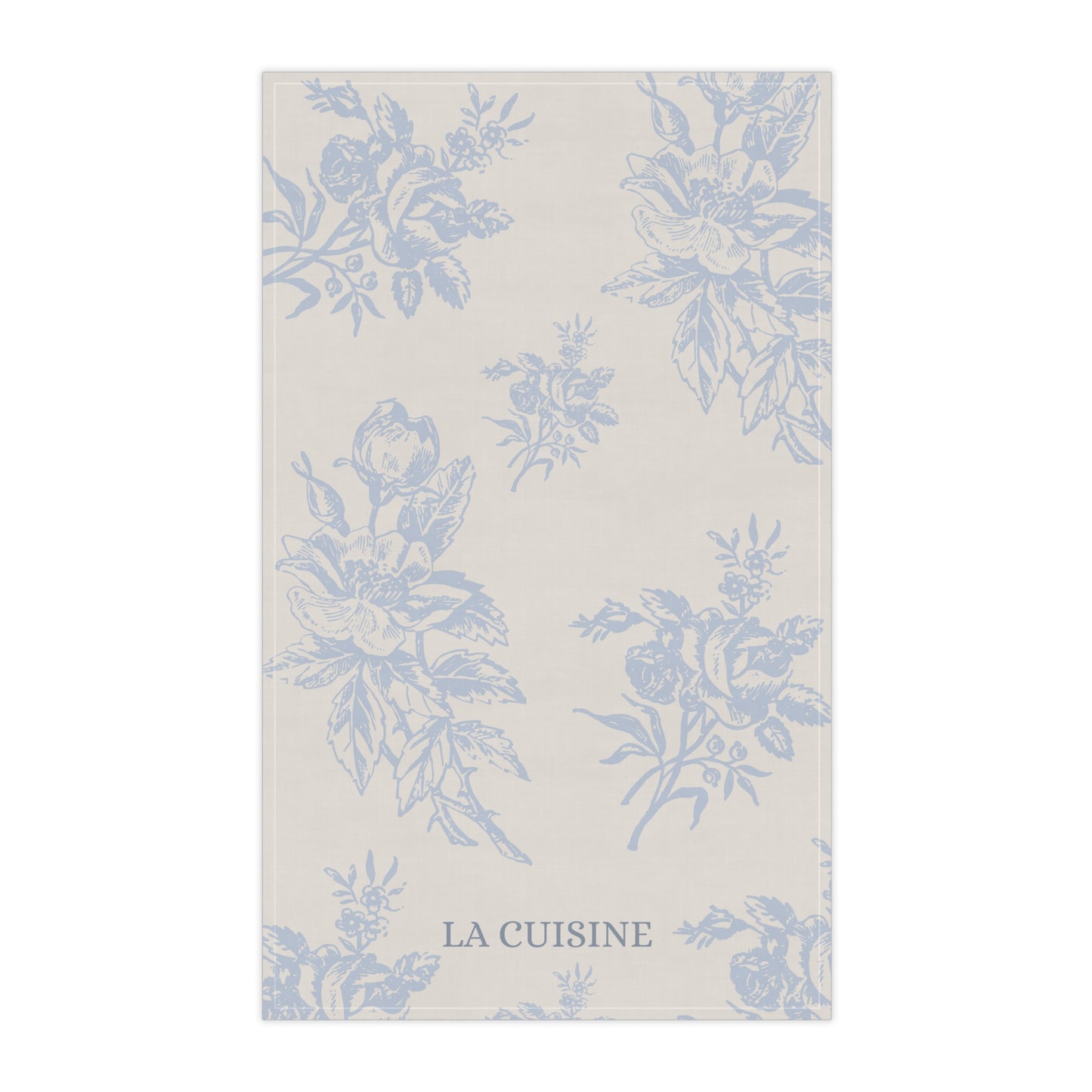 Floral patterned towel with 'La Cuisine' text on a white background