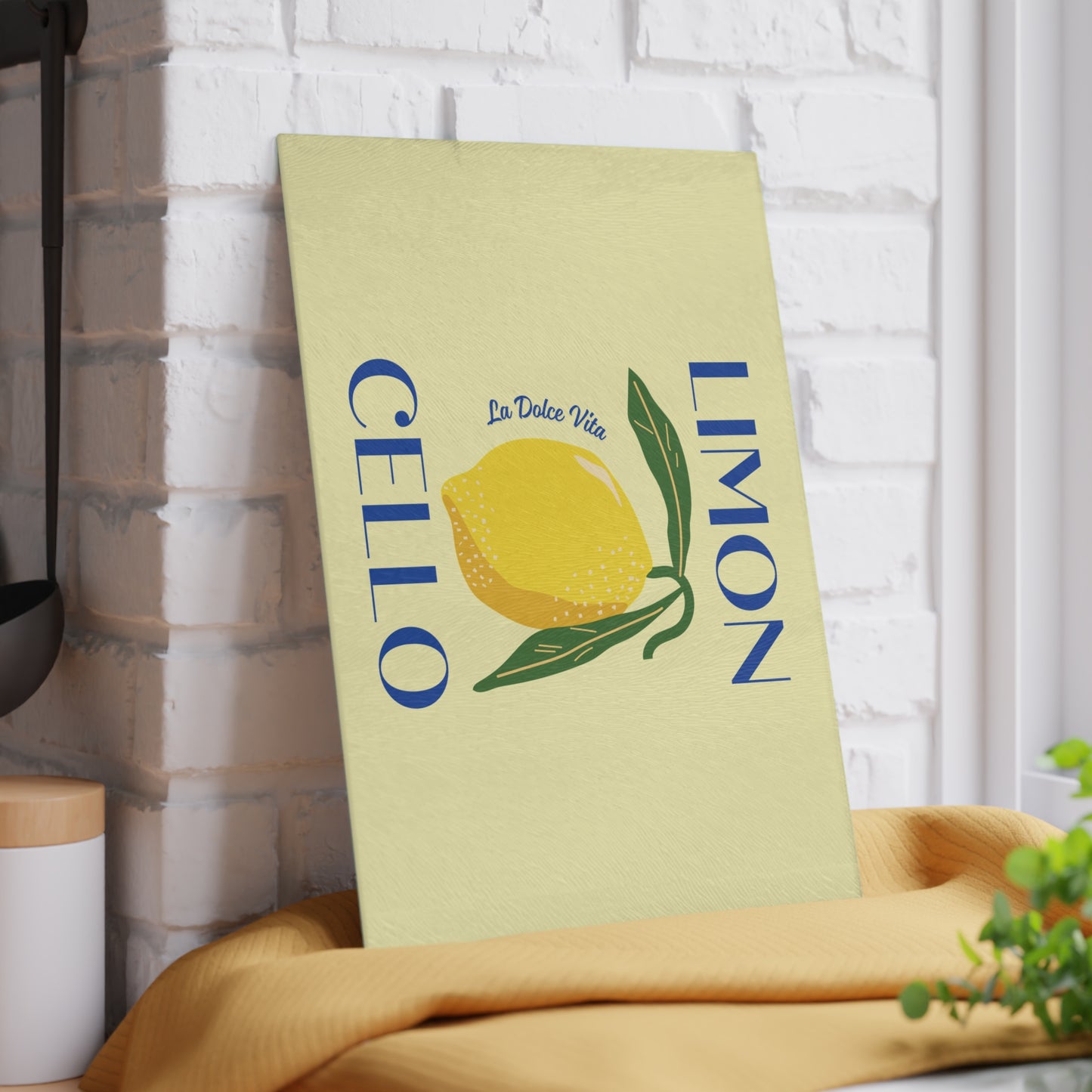 Decorative limon cutting board displayed against wall