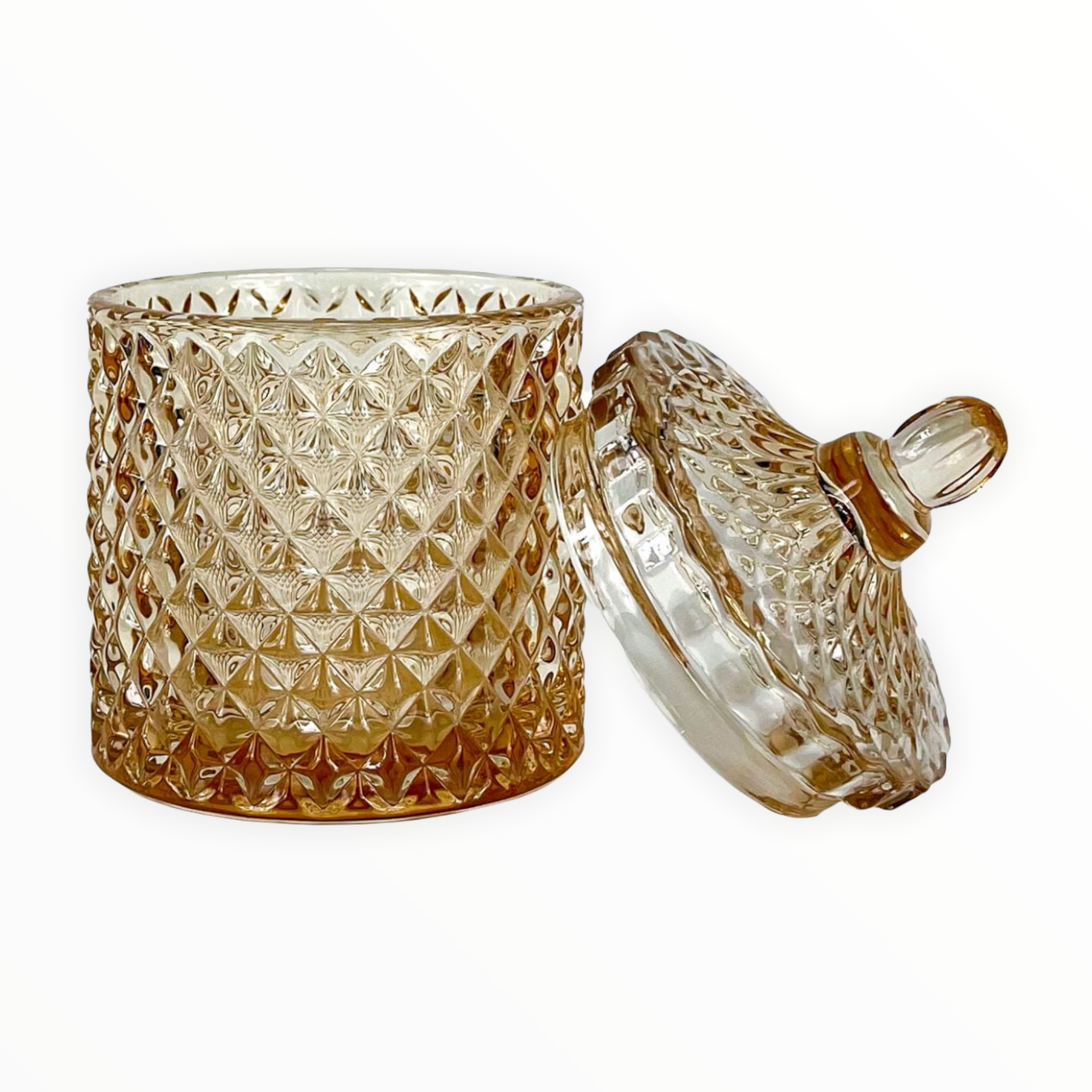 Handcrafted luxury amber glass soy candle inspired by Baccarat Rouge Perfume, with a 10 oz size and up to 65 hours of burn time. Comes in a gift box.