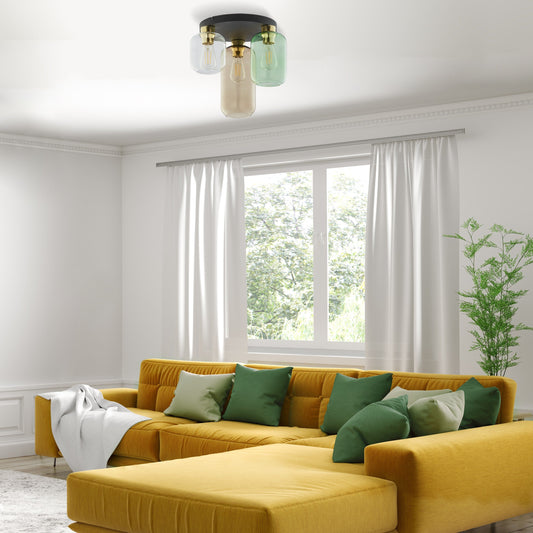 Marco flush mount light styled in living room with yellow sofa