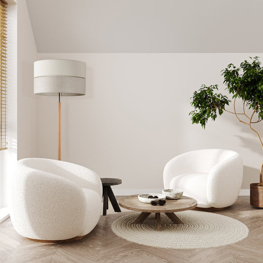 ECO Scandinavian floor lamp with neutral fabric shade in living room