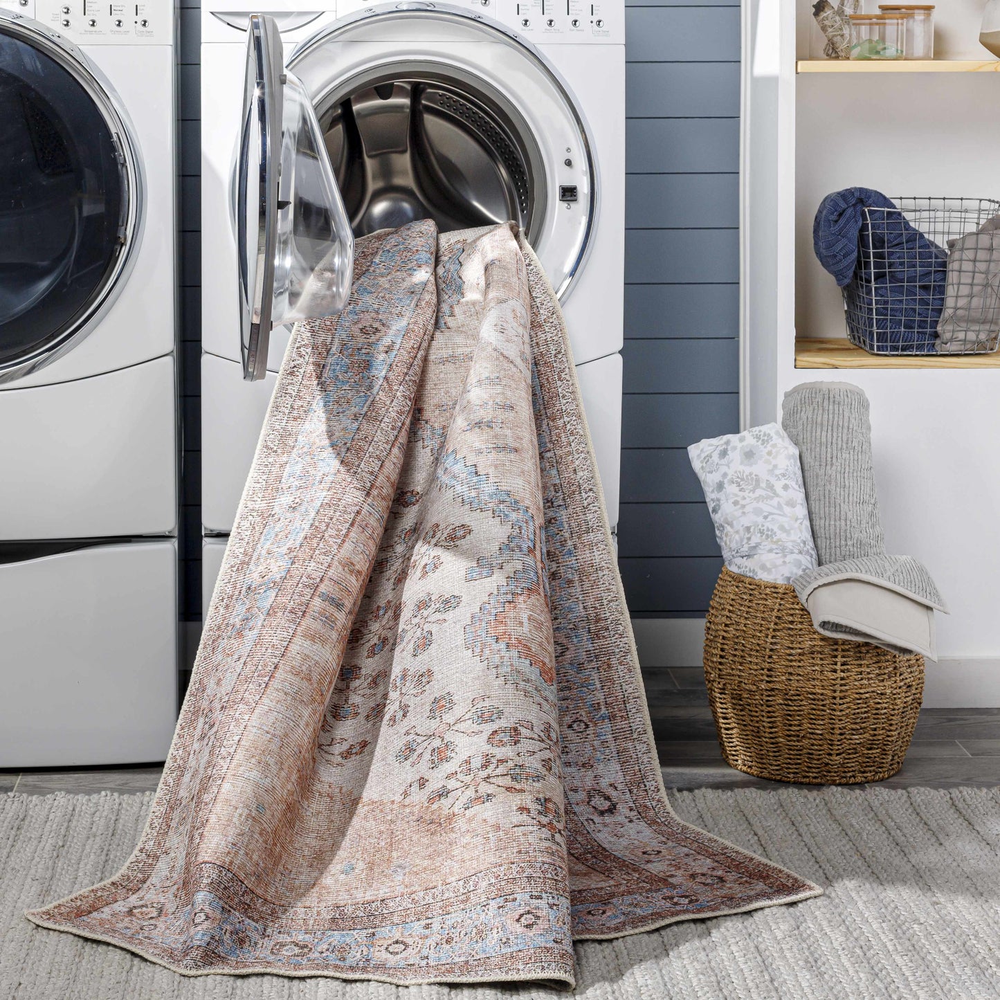 Moora rug in washing machine in a laundry room.