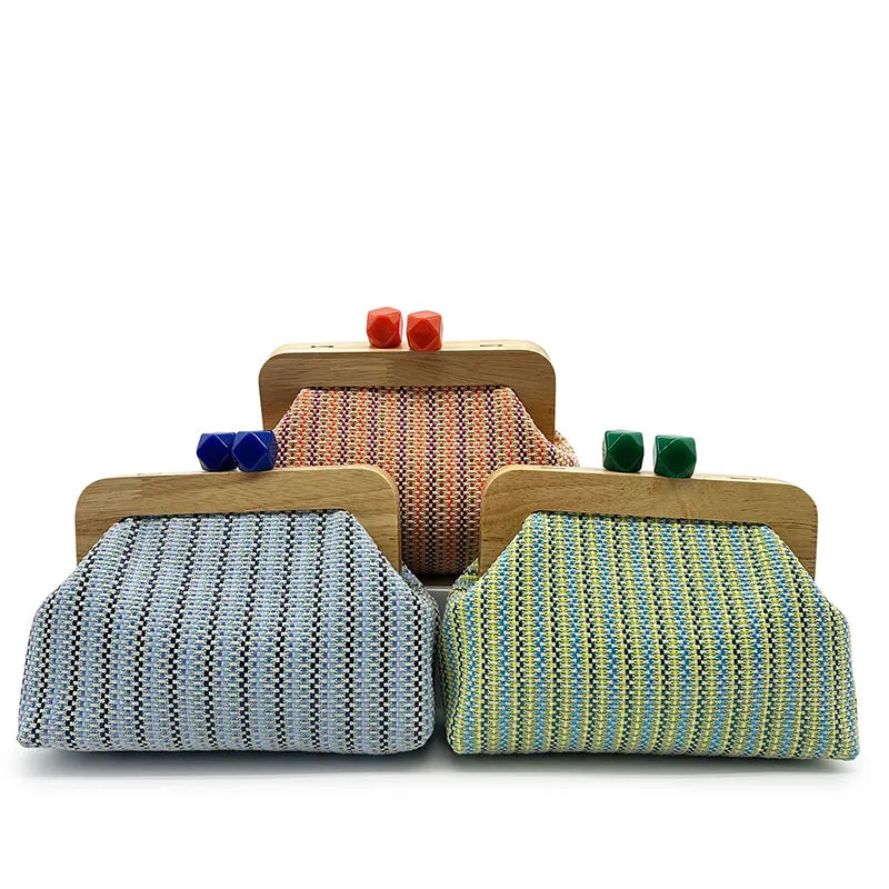 front view of all three clutches: coral, blue, and green variations
