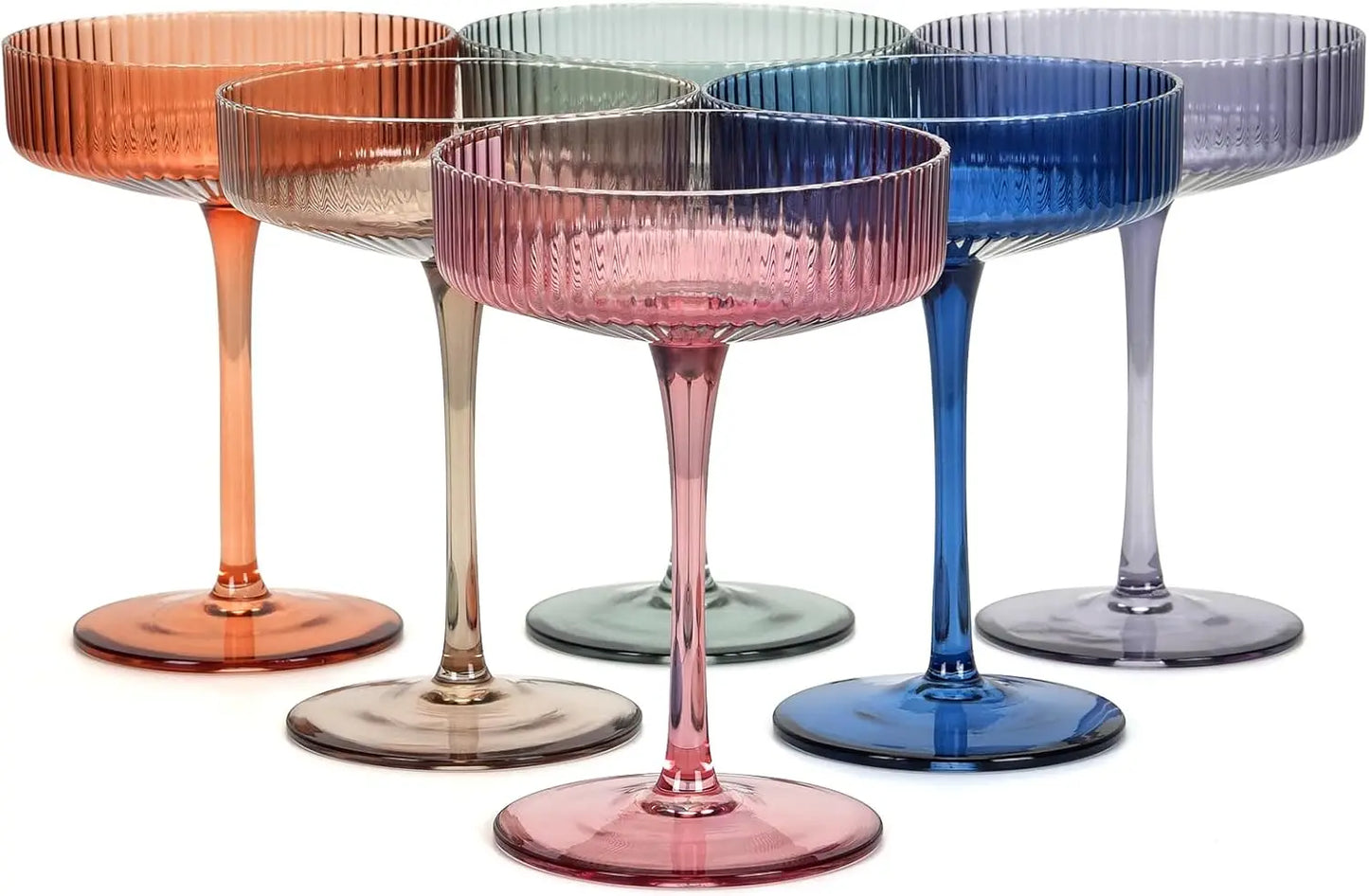 Set of 6 hand-blown crystal coupe glasses in different colors, shown close-up
