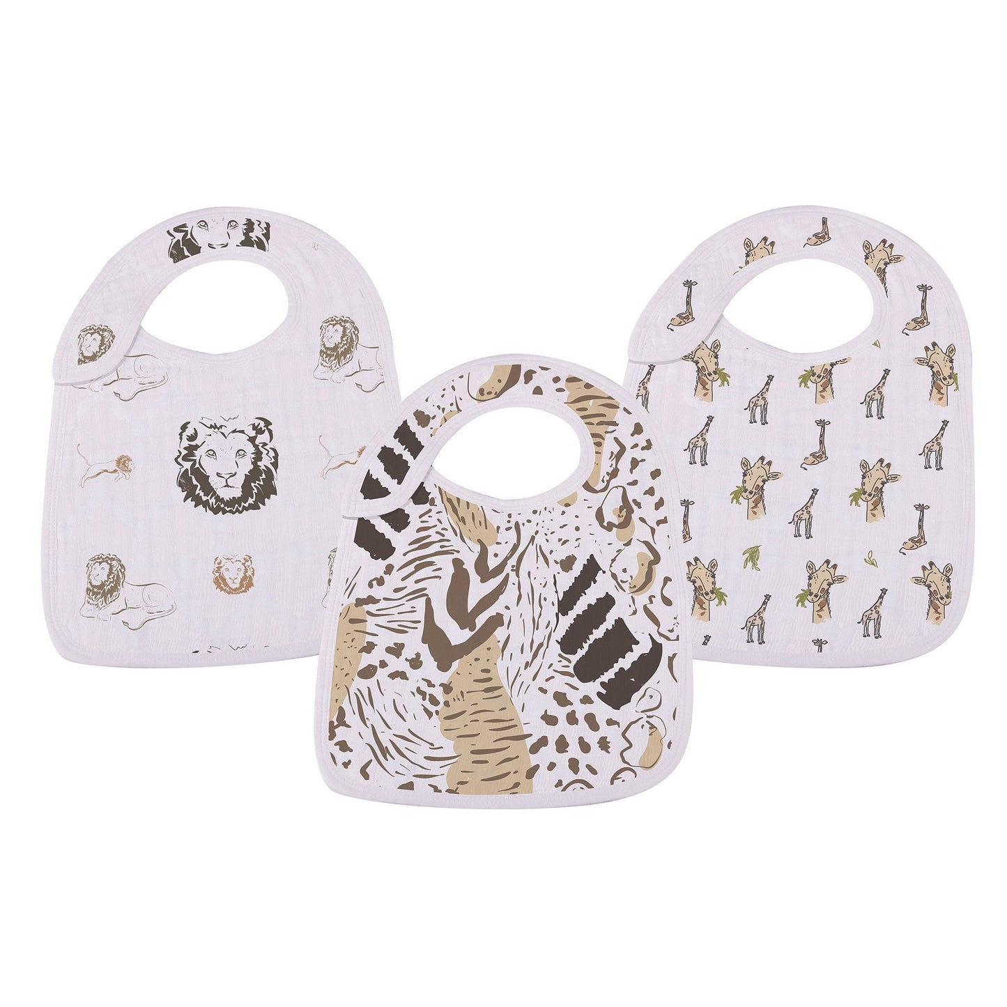 Three baby bibs with animal prints on a white background