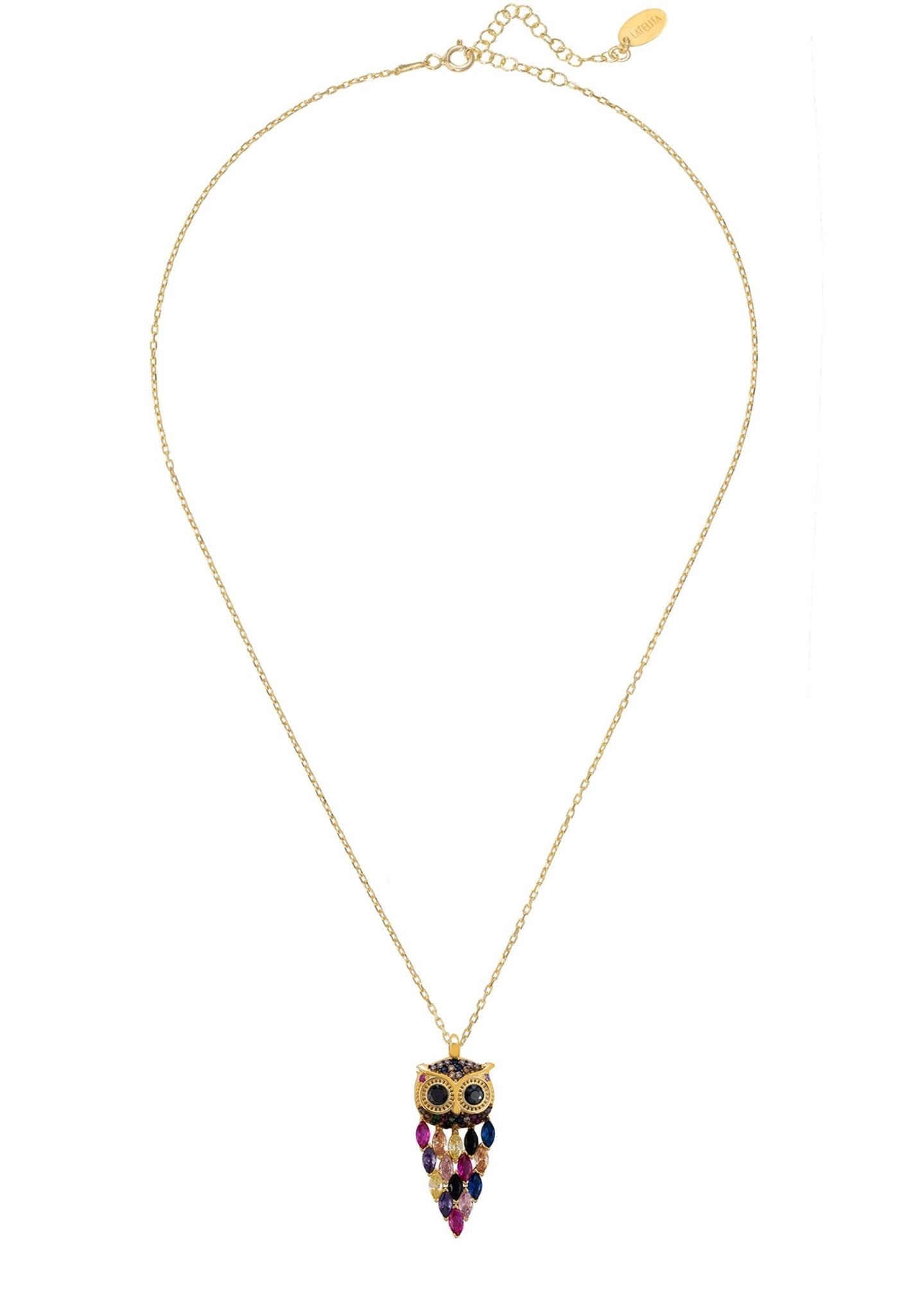 Necklace with an owl pendant featuring colorful beads on a white background