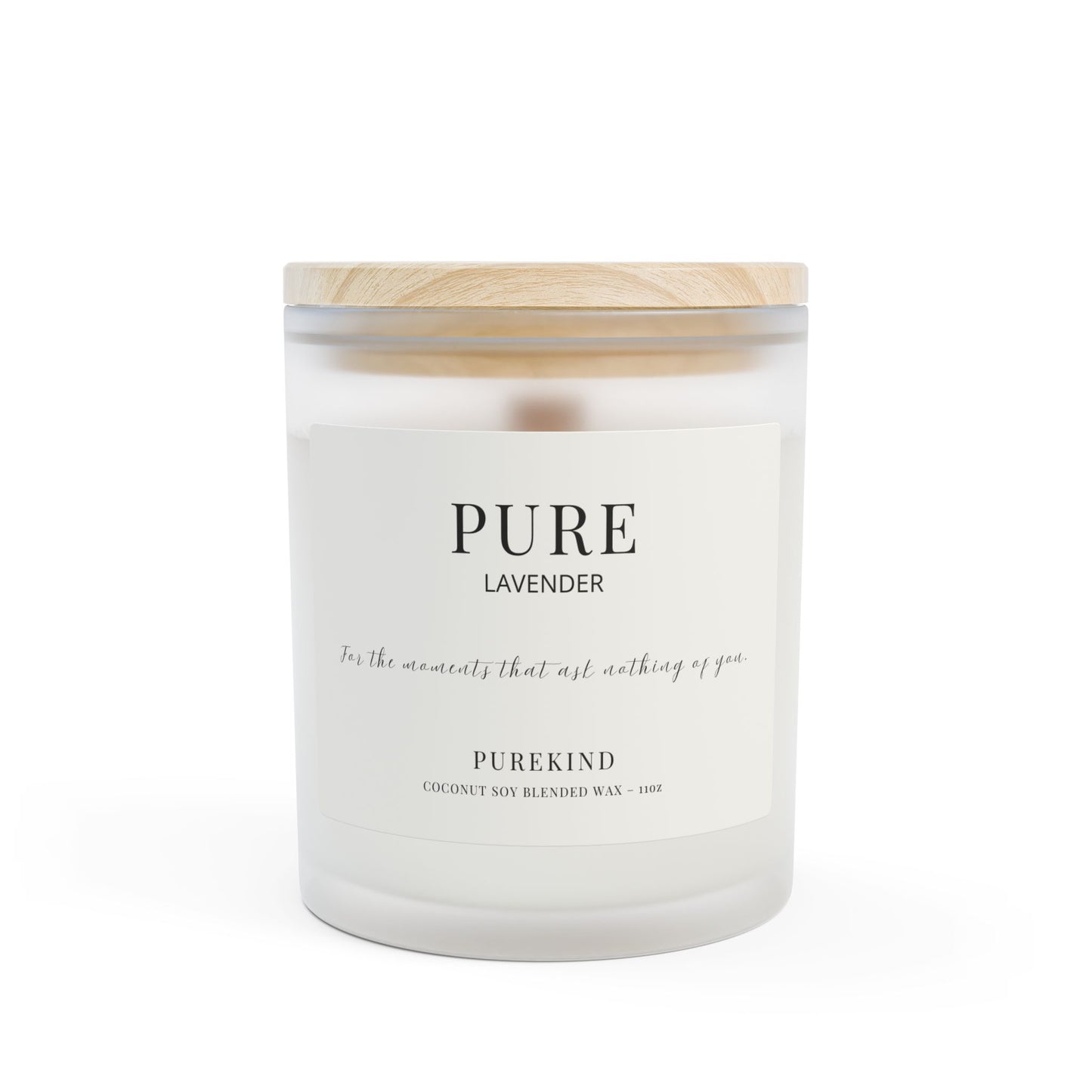 White candle with wooden lid labeled 'PURE LAVENDER' by 'PUREKIND' on a white background