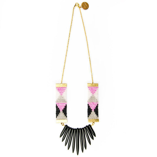 Pink, Black & White Beaded Necklace – Handmade with Black Howlite Spikes - Purekind Living
