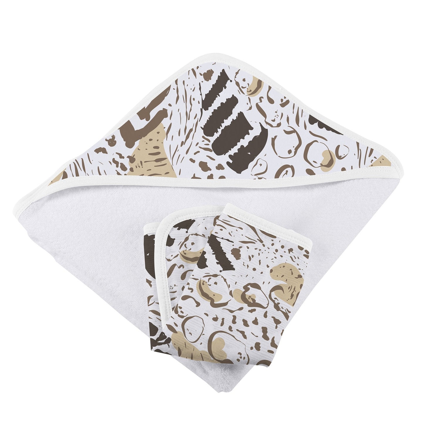 Folded Safari print bamboo hooded towel and washcloth set