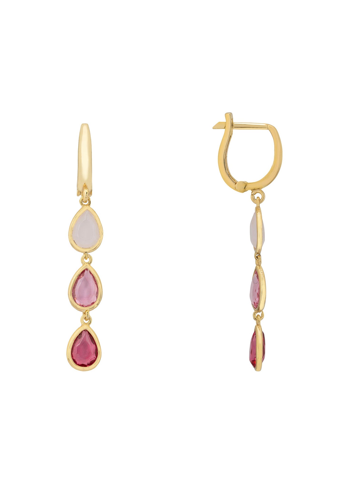 Gold earrings with pink gemstones on a white background