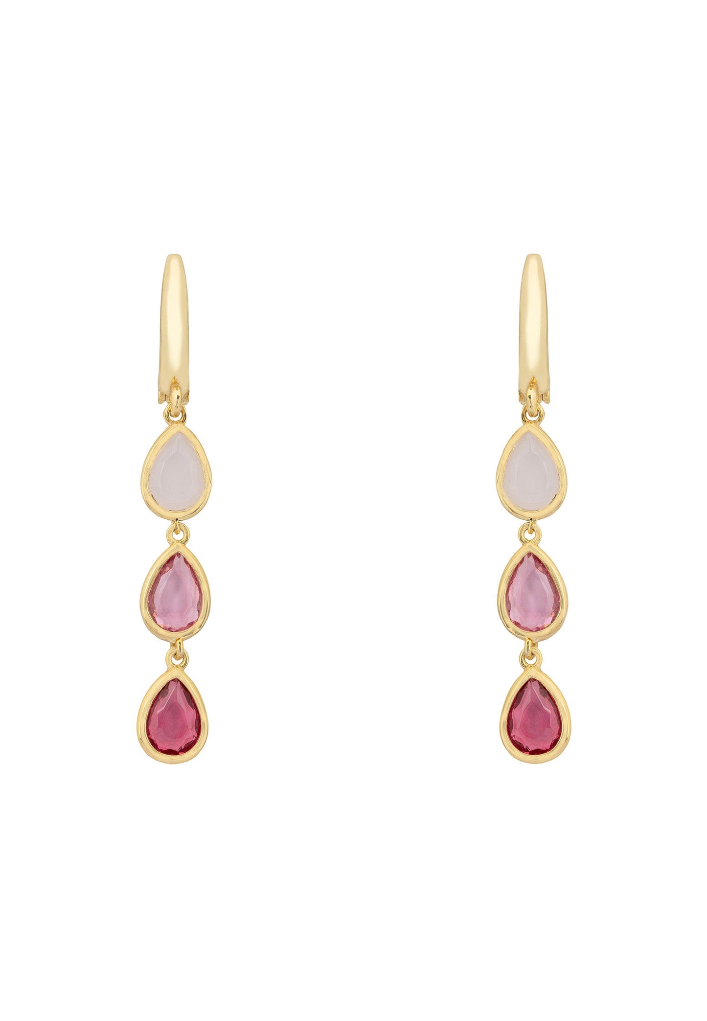 Gold earrings with pink and red gemstones on a white background