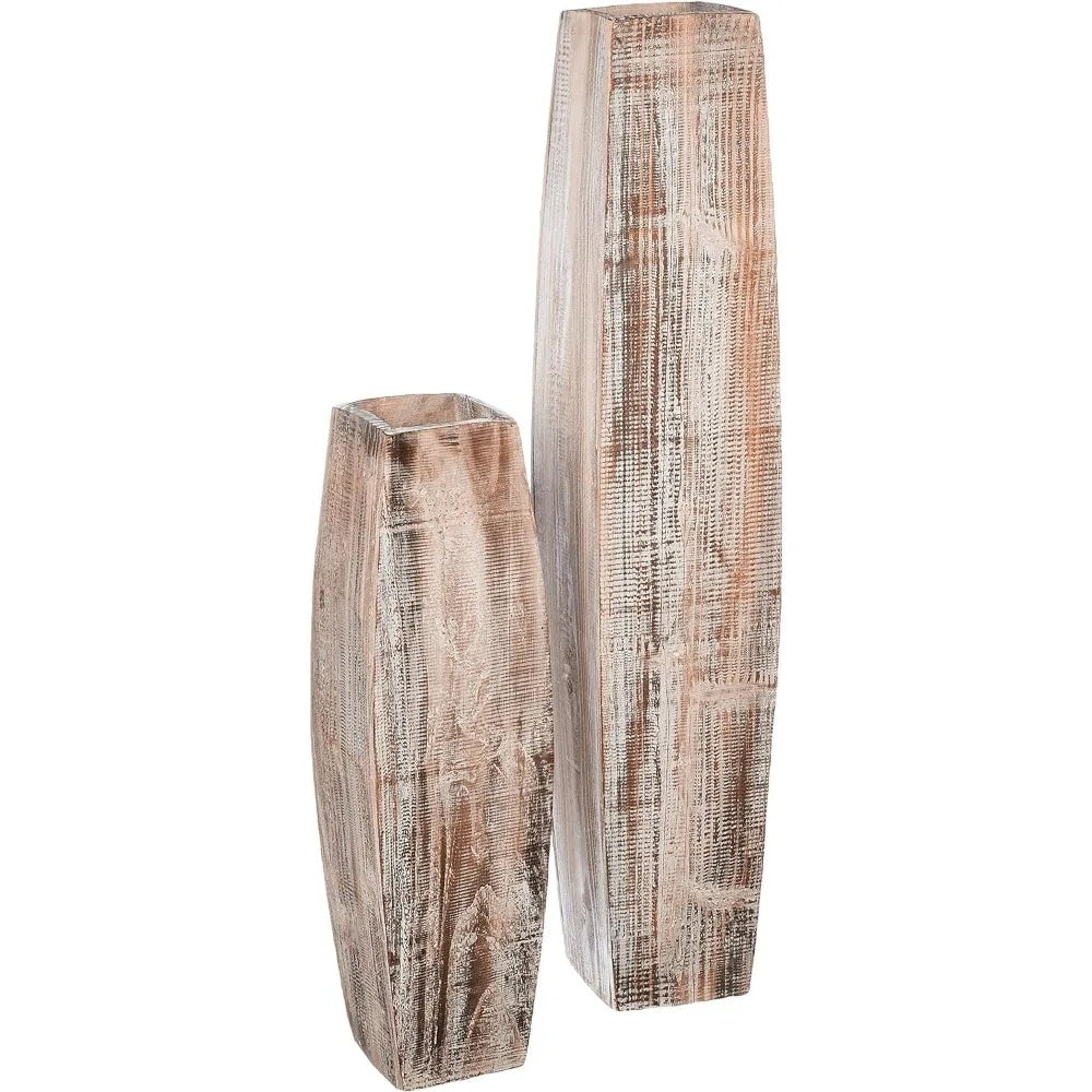 Oblong whitewashed wood vases with soft textural finish