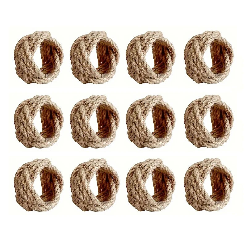 Set of 12 jute rope napkin rings displayed together