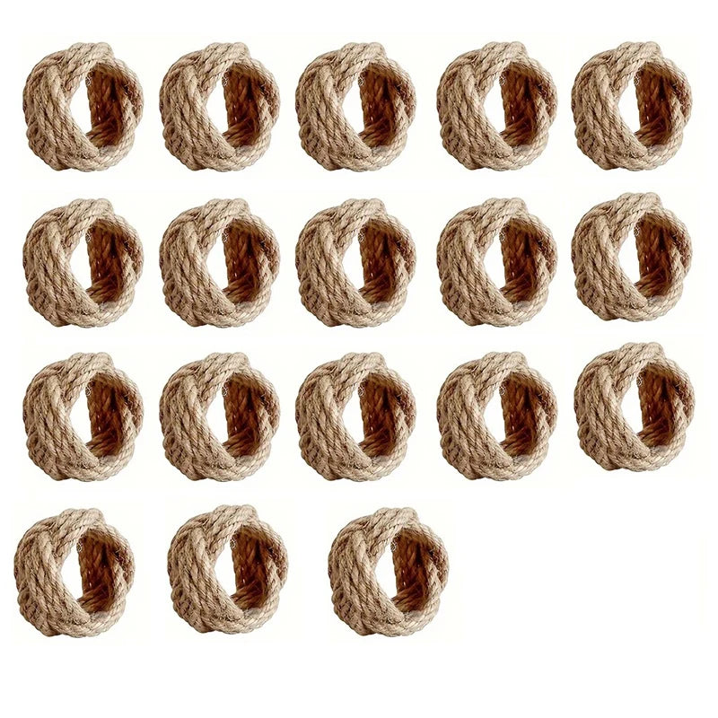 Set of 18 jute rope napkin rings displayed together