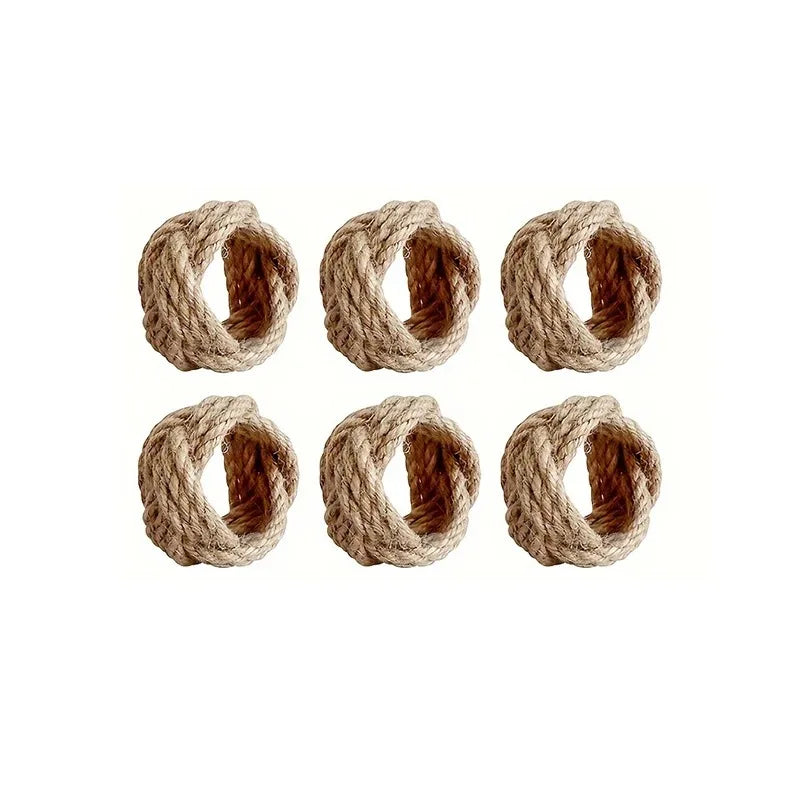 Set of six jute rope napkin rings displayed together