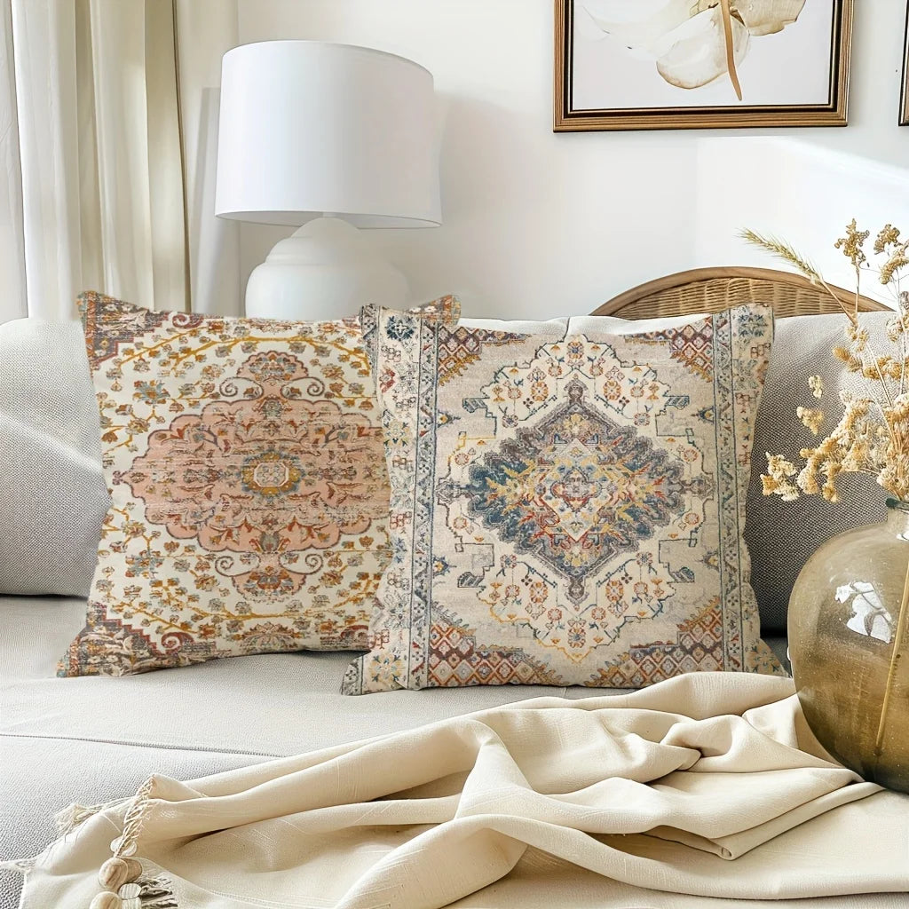Decorative pillows with intricate patterns on a sofa in a living room setting.