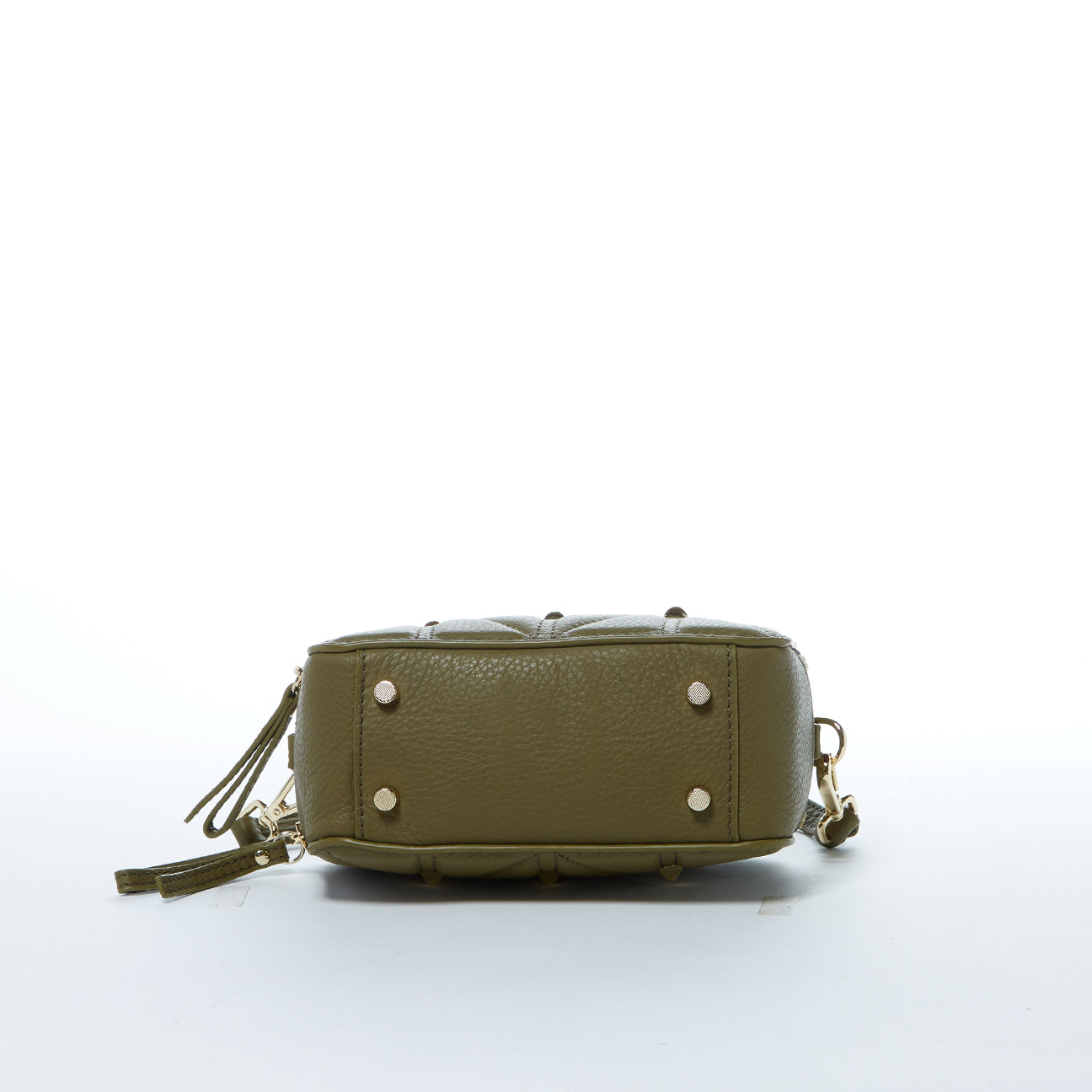 Bottom view of Taylor Small Quilted Crossbody Bag in olive green leather with gold studded feet