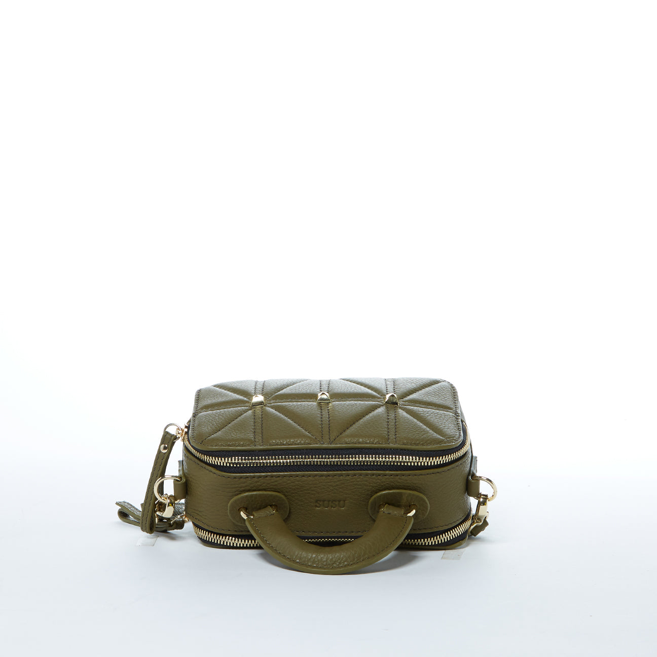 Top view of Taylor Small Quilted Crossbody Bag in olive green Italian leather with quilted detail and gold accents