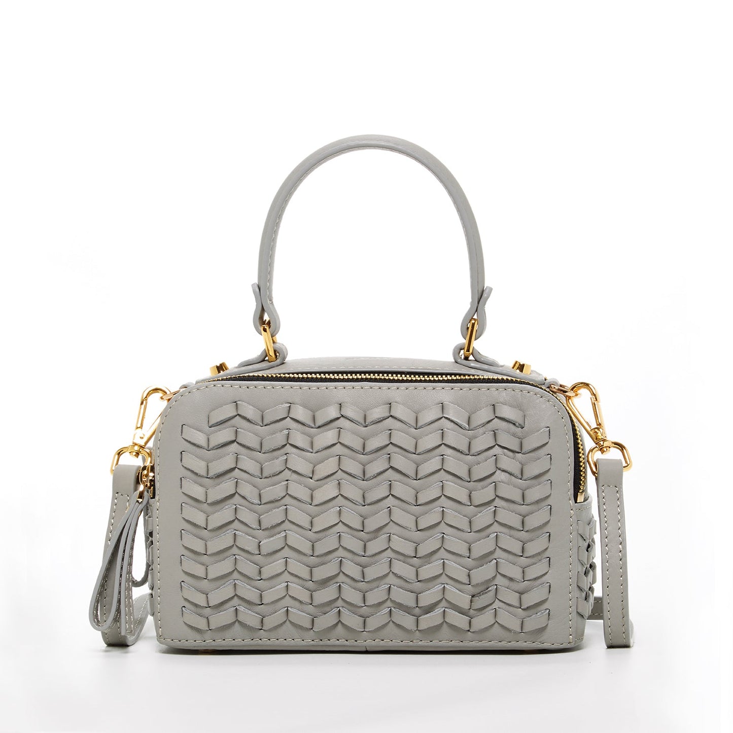 Kayla light gray weave leather crossbody purse front view